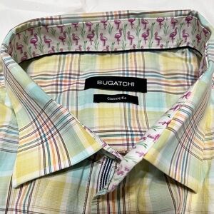 Bugatchi Classic Fit Pastel Yellow & Aqua Plaid Button-Down Shirt